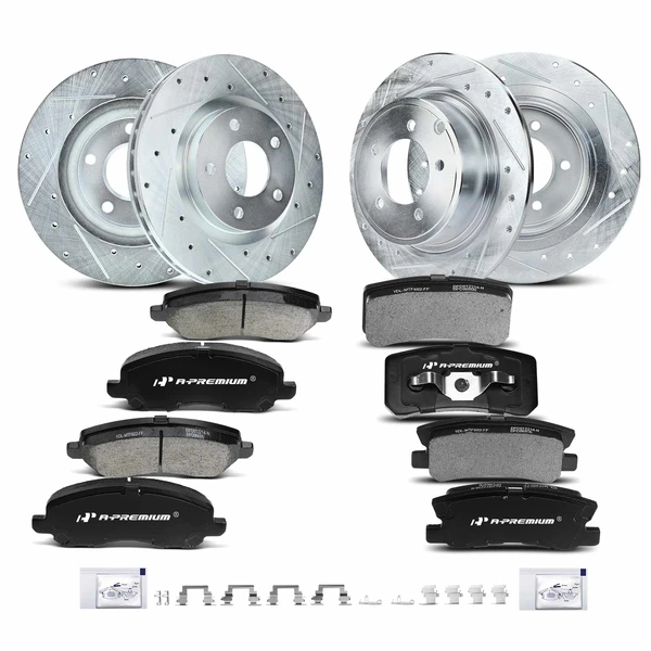 2008-2014 Dodge Avenger Drilled & Slotted Disc Brake Rotors and Ceramic Pads Kit, 12 Pcs, Front & Rear, A-Premium, APBRPS210