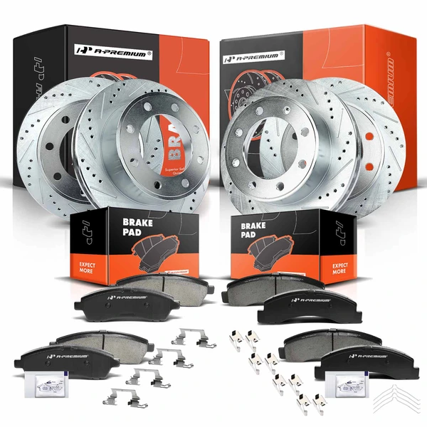 1999-2004 Ford F-350 Super Duty Brake Pad and Rotor Kit, 12 Pcs, Front & Rear, A-Premium, APBRPS211