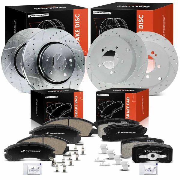 Drilled & Slotted Disc Brake Rotors and Ceramic Pads Kit, 12 Pcs, Front & Rear, A-Premium, APBRPS1362