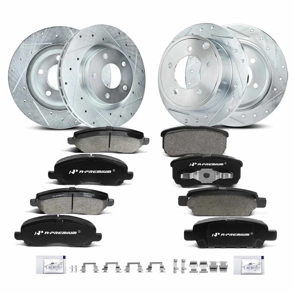 2011-2014 Chrysler 200 Drilled & Slotted Disc Brake Rotors and Ceramic Pads Kit, 12 Pcs, Front & Rear, A-Premium, APBRPS212