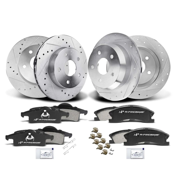 Drilled & Slotted Disc Brake Rotors and Ceramic Pads Kit, 12 Pcs, Front & Rear, A-Premium, APBRPS256