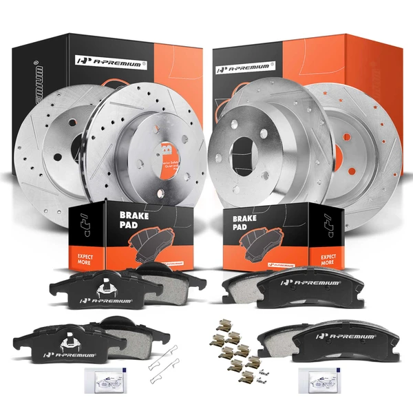 1999-2004 Jeep Grand Cherokee Drilled & Slotted Disc Brake Rotors and Ceramic Pads Kit, 12 Pcs, Front & Rear, A-Premium, APBRPS256