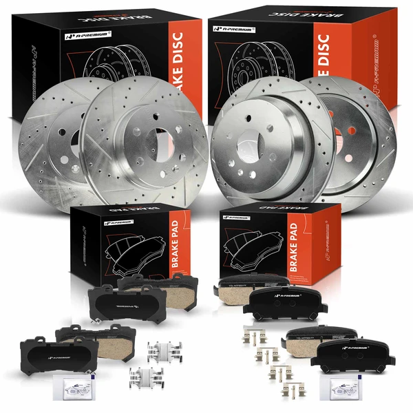 2015-2020 Chevrolet Colorado Drilled & Slotted Disc Brake Rotors and Ceramic Pads Kit, 12 Pcs, Front & Rear, A-Premium, APBRPS1367