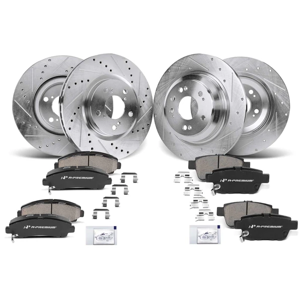 Drilled & Slotted Disc Brake Rotors and Ceramic Pads Kit, 12 Pcs, Front & Rear, A-Premium, APBRPS704