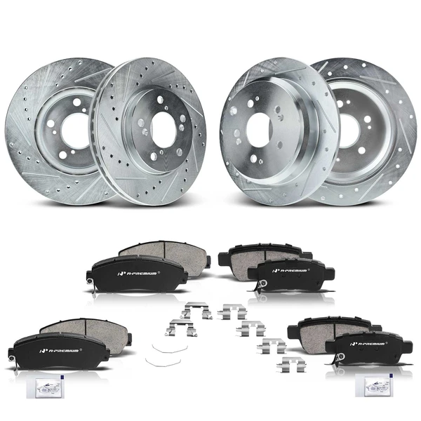 2005-2010 Honda Odyssey Drilled & Slotted Disc Brake Rotors and Ceramic Pads Kit, 12 Pcs, Front & Rear, A-Premium, APBRPS213
