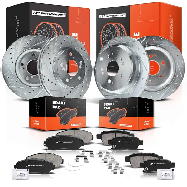 Drilled & Slotted Disc Brake Rotors and Ceramic Pads Kit, 12 Pcs, Front & Rear, A-Premium, APBRPS213