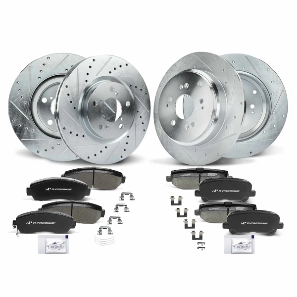 Drilled & Slotted Disc Brake Rotors and Ceramic Pads Kit, 12 Pcs, Front & Rear, A-Premium, APBRPS705