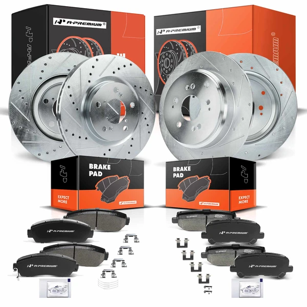 2011-2014 Honda Odyssey Drilled & Slotted Disc Brake Rotors and Ceramic Pads Kit, 12 Pcs, Front & Rear, A-Premium, APBRPS705