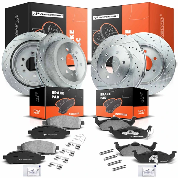 2004-2008 Ford F-150 Drilled & Slotted Disc Brake Rotors and Ceramic Pads Kit, 12 Pcs, Front & Rear, A-Premium, APBRPS217