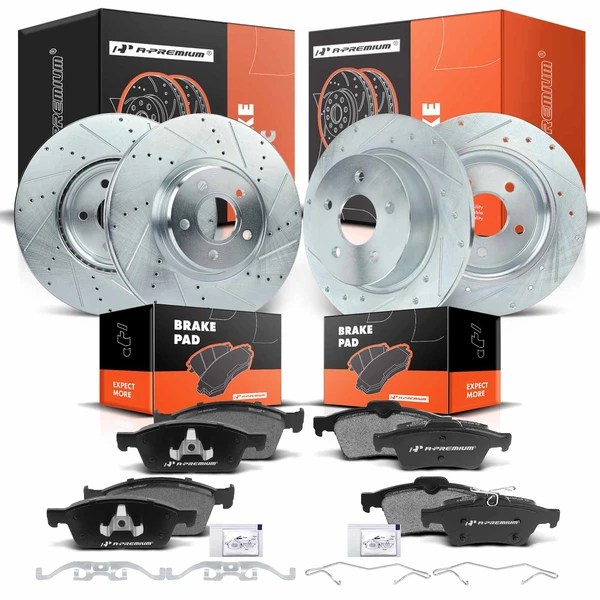 2014-2018 Ford Transit Connect Drilled & Slotted Disc Brake Rotors and Ceramic Pads Kit, 12 Pcs, Front & Rear, A-Premium, APBRPS218