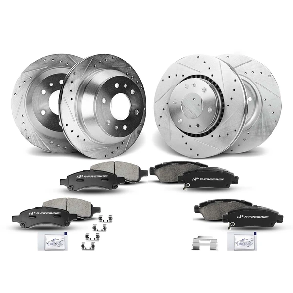 Drilled & Slotted Disc Brake Rotors and Ceramic Pads Kit, 12 Pcs, Front & Rear, A-Premium, APBRPS257