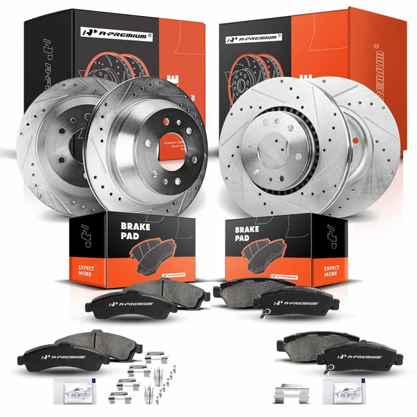 2002-2005 GMC Envoy XL Drilled & Slotted Disc Brake Rotors and Ceramic Pads Kit, 12 Pcs, Front & Rear, A-Premium, APBRPS258
