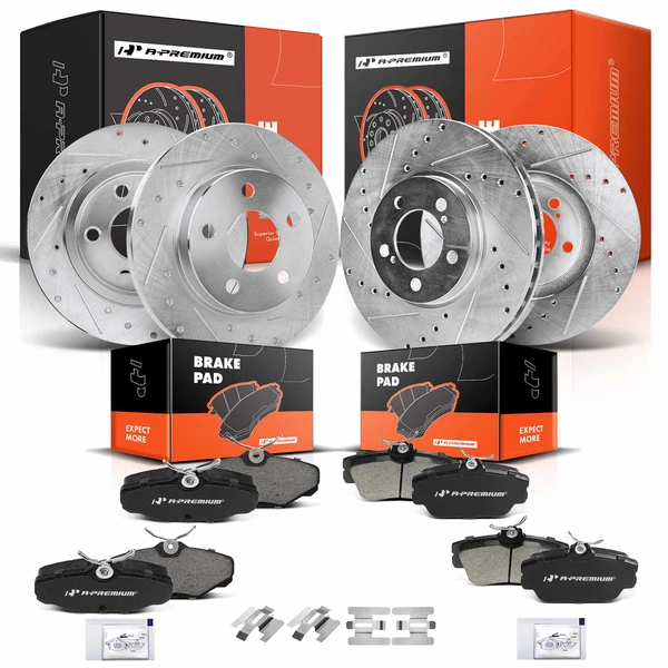 2001-2005 Mercury Sable Drilled & Slotted Disc Brake Rotors and Ceramic Pads Kit, 12 Pcs, Front & Rear, A-Premium, APBRPS219