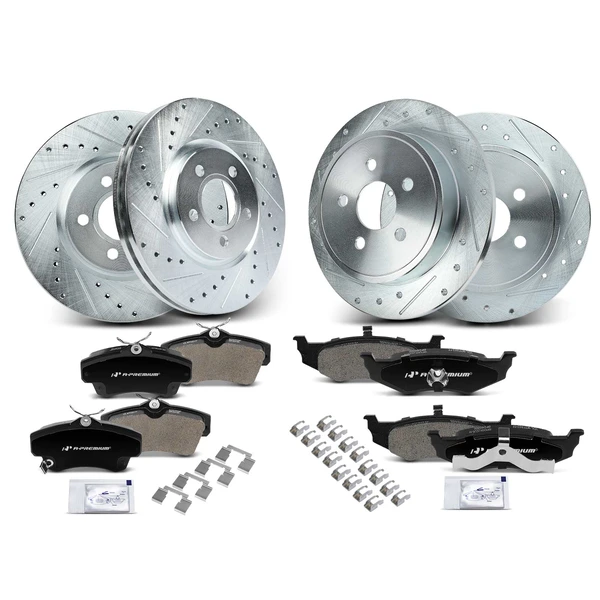 2003-2005 Dodge Neon Drilled & Slotted Disc Brake Rotors and Ceramic Pads Kit, 12 Pcs, Front & Rear, A-Premium, APBRPS1071