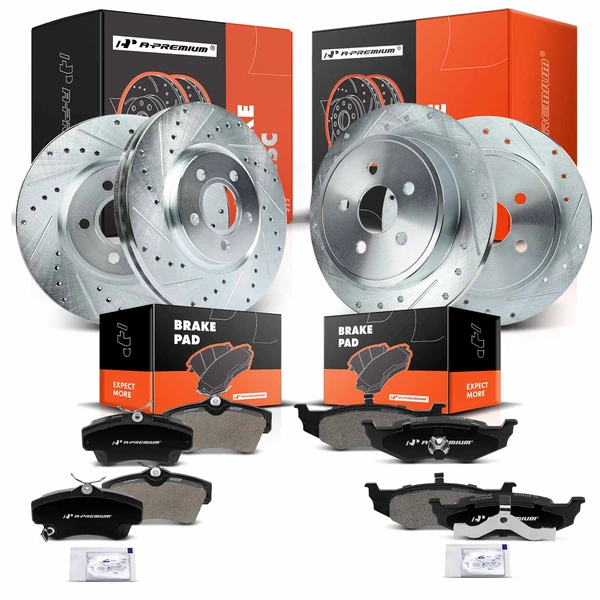 Drilled & Slotted Disc Brake Rotors and Ceramic Pads Kit, 12 Pcs, Front & Rear, A-Premium, APBRPS1071