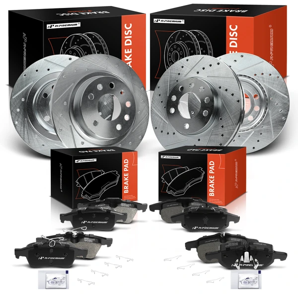 2004-2010 Saab 9-3 Drilled & Slotted Disc Brake Rotors and Ceramic Pads Kit, 12 Pcs, Front & Rear, A-Premium, APBRPS482