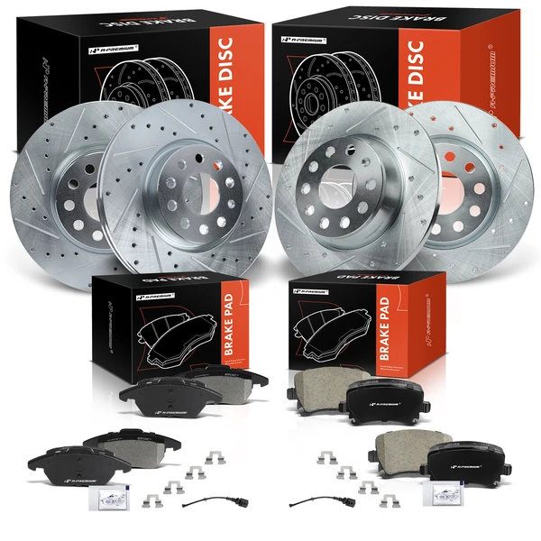 2006-2008 Audi A3 Quattro Drilled & Slotted Disc Brake Rotors and Ceramic Pads Kit, 12 Pcs, A-Premium, APBRPS483