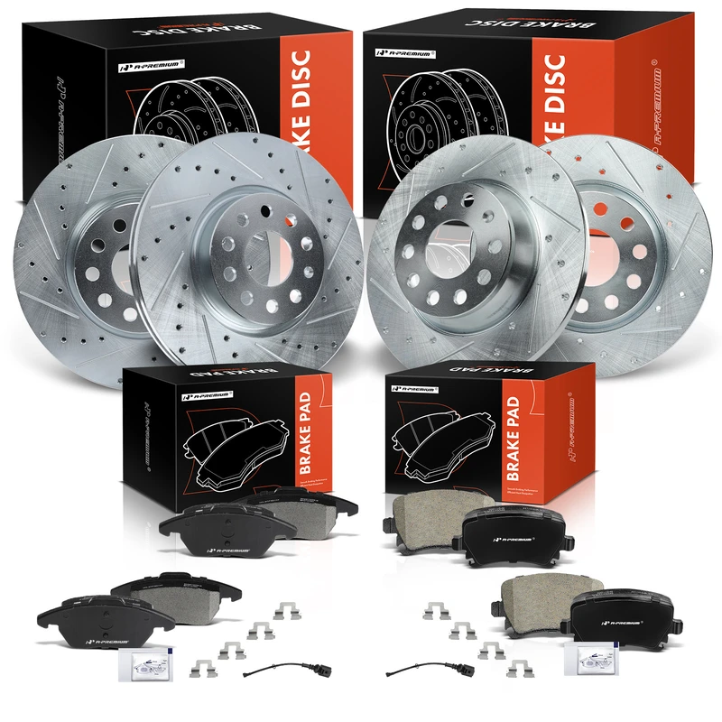 12 Pcs Front & Rear Drilled Brake Rotors & Ceramic Pads for Volkswagen Jetta Audi A3