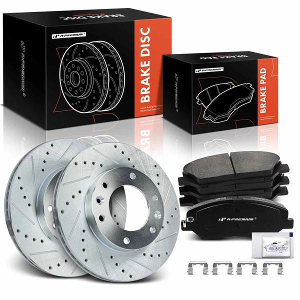 2006-2012 2014 Kia Sedona Drilled & Slotted Disc Brake Rotors and Ceramic Pads Kit, 6 Pcs, Front Driver & Passenger, A-Premium, APBRPS669