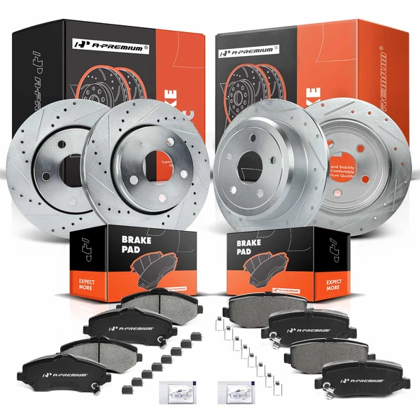 2007-2017 Jeep Wrangler Drilled & Slotted Disc Brake Rotors and Ceramic Pads Kit, 12 Pcs, Front & Rear, A-Premium, APBRPS222