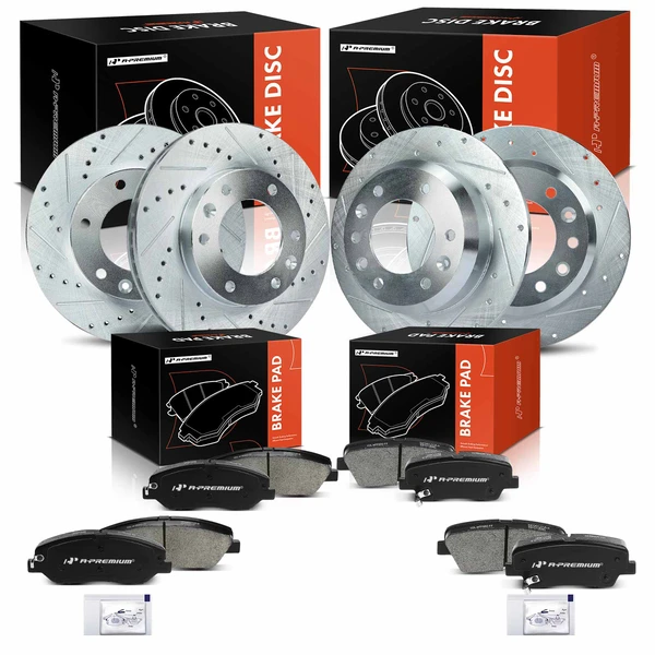 2006-2012 2014 Kia Sedona Drilled & Slotted Disc Brake Rotors and Ceramic Pads Kit, 12 Pcs, Front & Rear, A-Premium, APBRPS612
