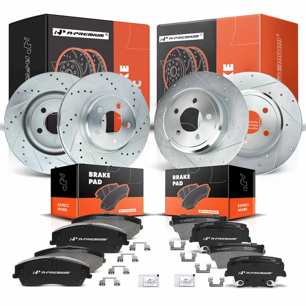 2005-2020 Chrysler 300 Drilled & Slotted Disc Brake Rotors and Ceramic Pads Kit, 12 Pcs, Front & Rear, A-Premium, APBRPS129