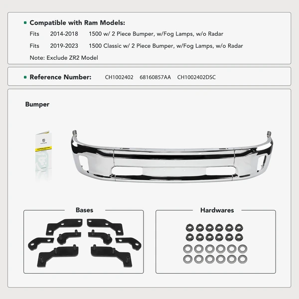 Front Chrome Bumper Face Bar for Ram 2014-2018 1500 Classic 2019-2023