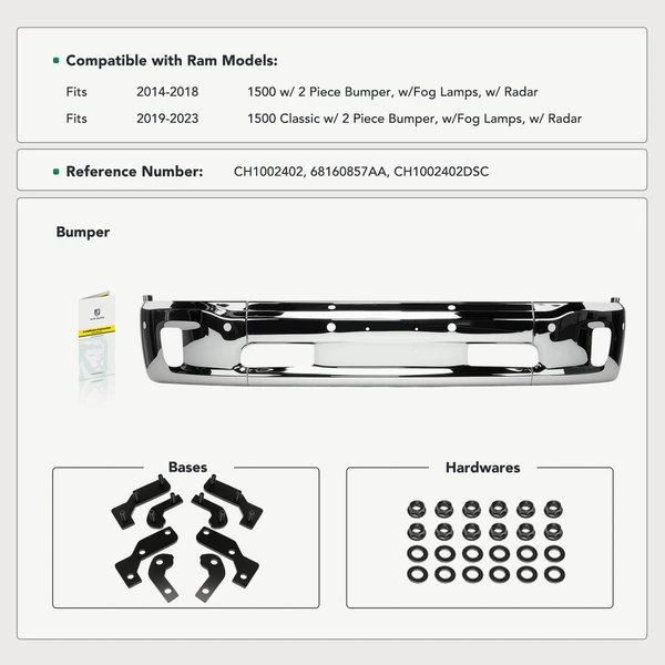Chrome Front Bumper Face Bar for Ram 2014-2018 1500 Classic 2019-2023