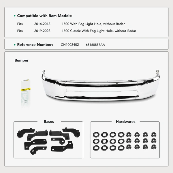 Chrome Front Bumper Face Bar with Fog Light for 2014-2018 Ram 1500