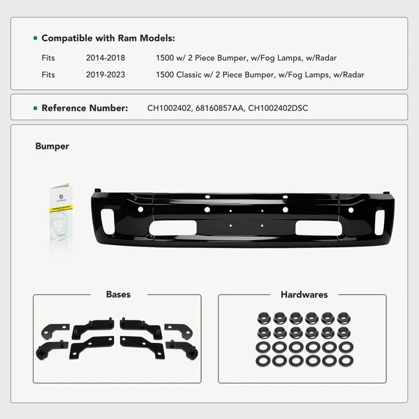 Black Front Bumper Face Bar for 2014-2018 Ram 1500