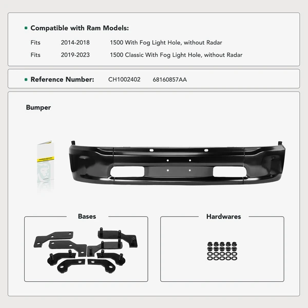 Front Bumper Face Bar with Hardwares for 2019-2023 Ram 1500 Classic