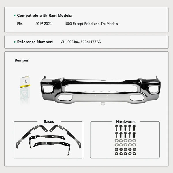 Front Bumper Face Bar Chrome for 2019-2024 Ram 1500
