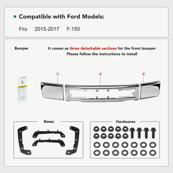 Chrome Front Bumper Face Bar without Fog Light Holes for Ford F-150 2015-2017