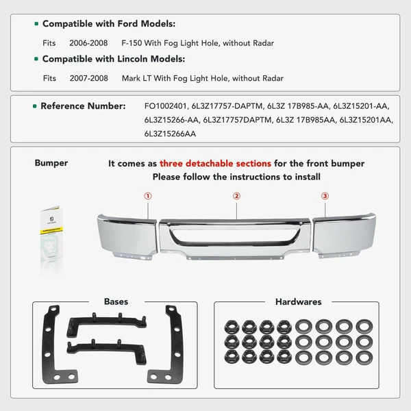 Chrome Front Bumper Face Bar for Ford F-150 2006-2008 Lincoln Mark LT 2007-2008