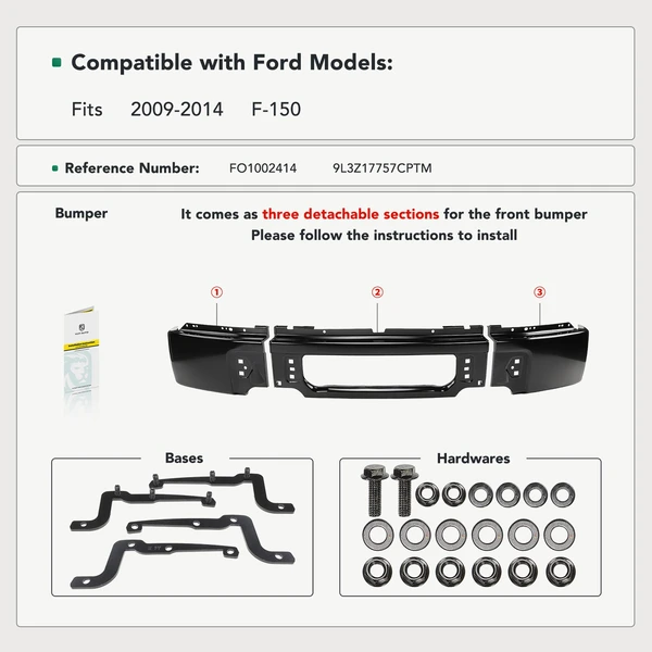 Black Front Bumper without Fog Light Holes for Ford F-150 2009-2014
