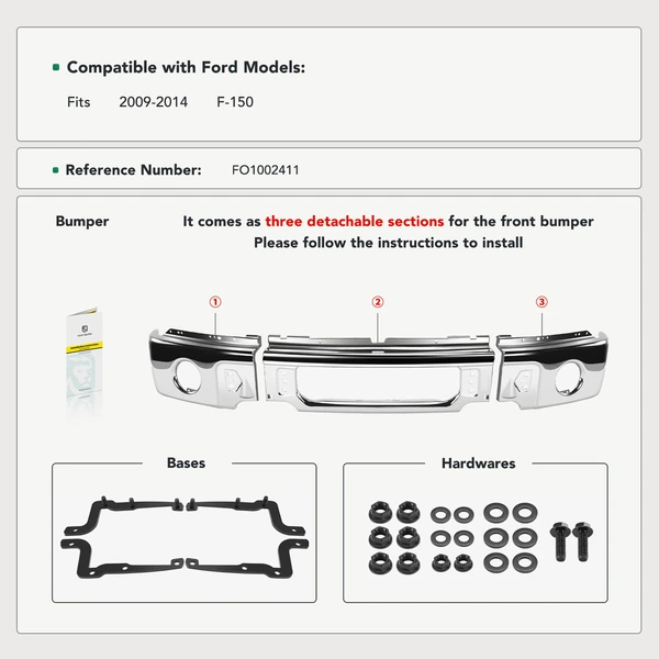 Chrome Front Bumper with Fog Light Holes for Ford F-150 2009-2014
