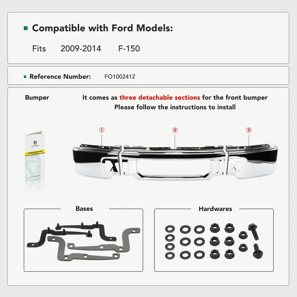 Chrome Front Bumper without Fog Light Holes for 2009-2014 Ford F-150