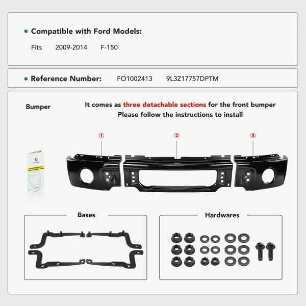 Black Front Bumper with Fog Light Holes for 2009-2014 Ford F-150