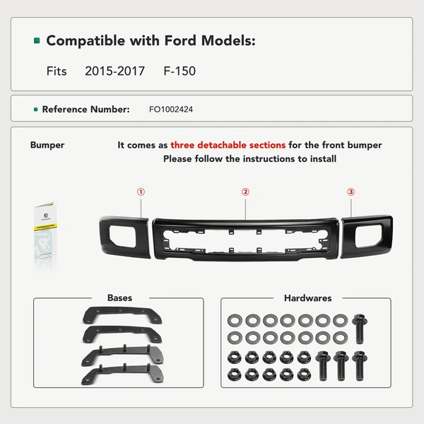 Black Front Bumper Face Bar with Fog Light Holes for Ford F-150 2015-2017