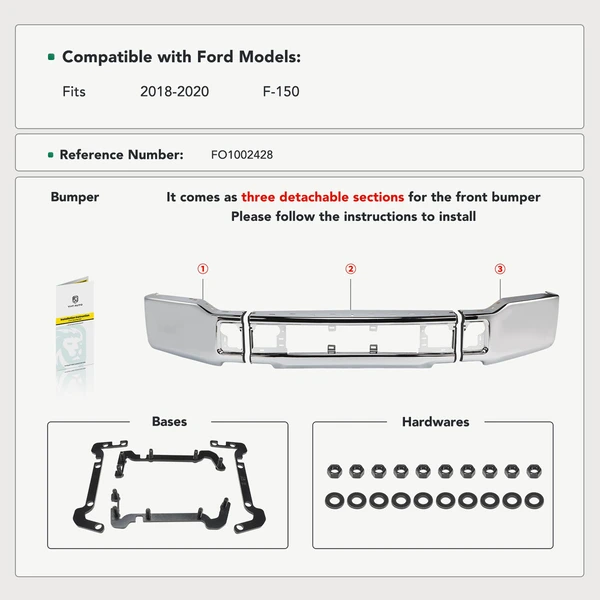 Chrome Steel Front Bumper without Fog Light Holes for Ford F-150 2018-2020