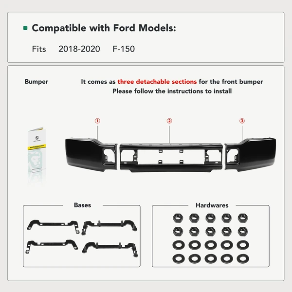 Black Steel Front Bumper without Fog Light Holes for Ford F-150 2018-2020
