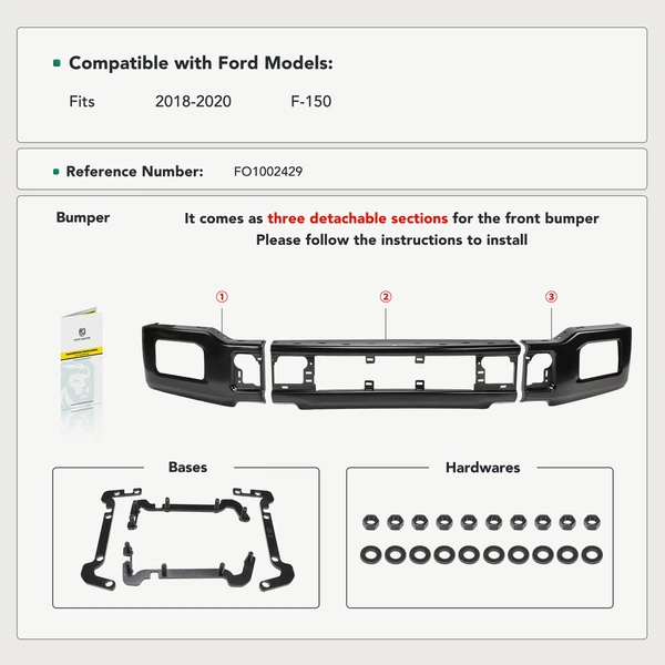 Black Steel Front Bumper Face Bar with Fog Light Holes for Ford F-150 2018-2020