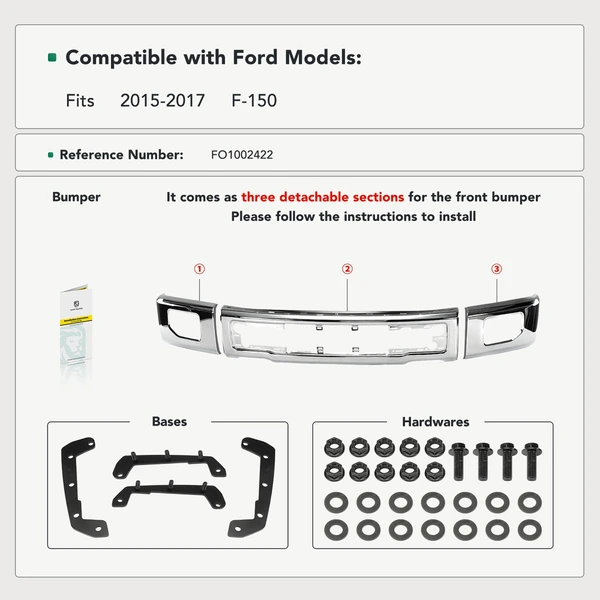 Chrome Front Bumper Face Bar with Fog Light Holes for Ford F-150 2015-2017