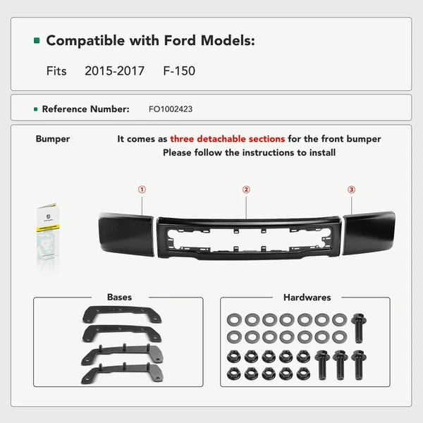 Black Front Bumper Face Bar without Fog Light Holes for Ford F-150 2015-2017
