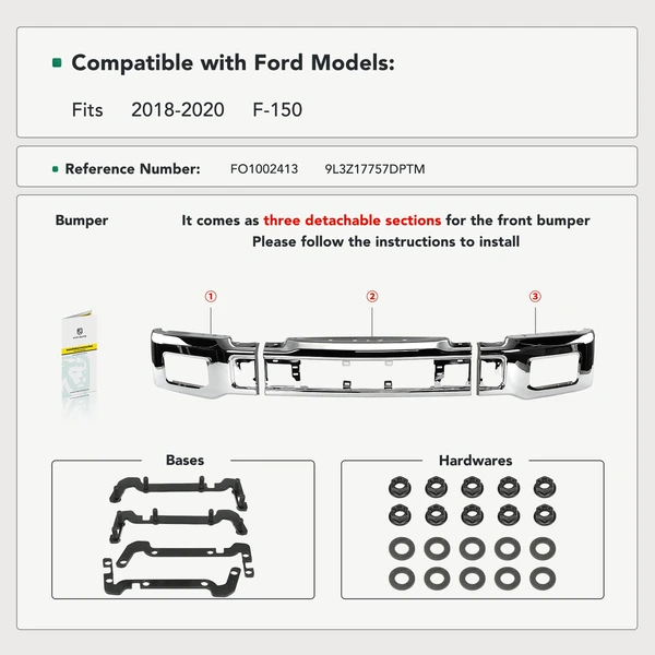 Chrome Front Bumper Face Bar with Fog Light Holes for Ford F-150 2018-2020