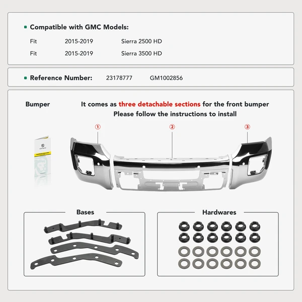 Front Bumper Face Bar with Fog Light & Radar Hole for 2015-2019 GMC Sierra 2500 HD