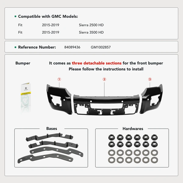 Front Bumper Face Bar with Radar & Fog Light Hole for 2015-2019 GMC Sierra 2500 HD