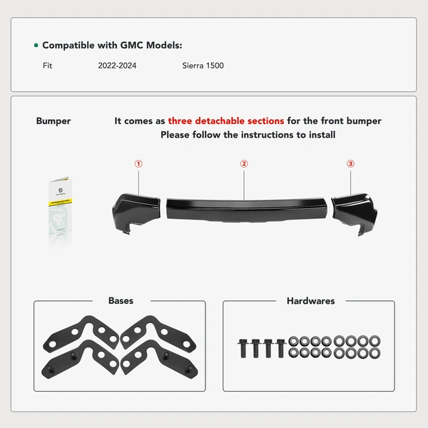 Front Bumper Face Bar with Fog Light Holes for GMC Sierra 1500 2022-2024