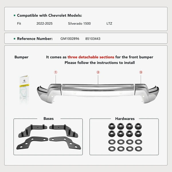 Chrome Front Bumper Face Bar with Hole for Chevy Silverado 1500 2022-2025 LTZ