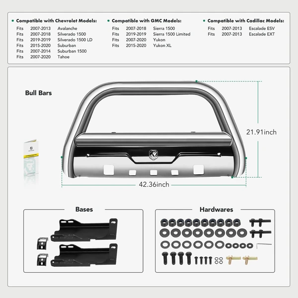 3.5 Inch Silver S/S 304 Bull Bar Front Bumper Grille Guard for 2007-2020 GMC Yukon